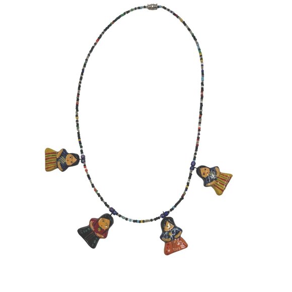 Handmade Beaded Necklace w/Painted Folk Doll Charms & Multicolor Beads - Picture 1 of 11